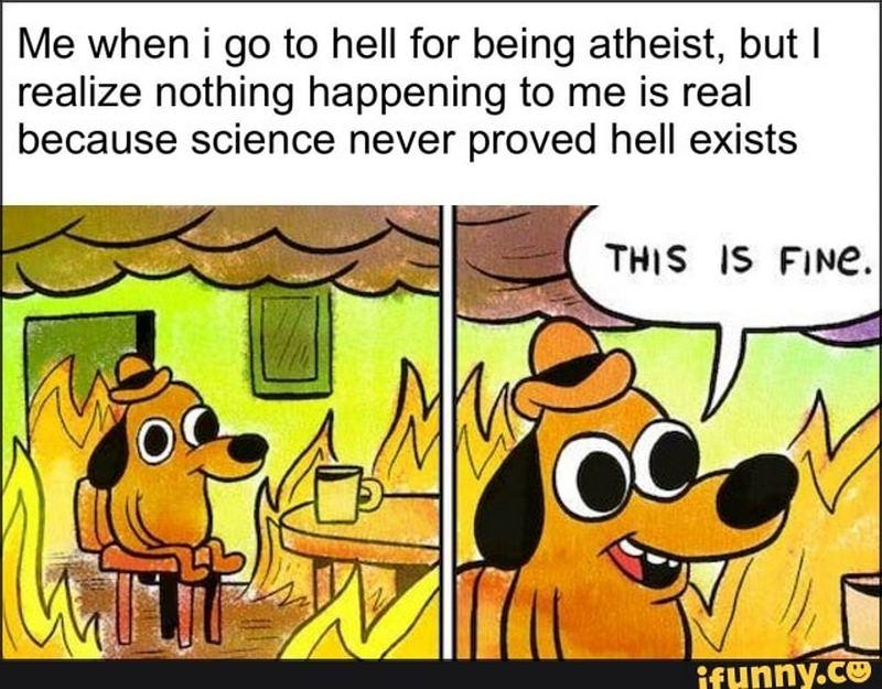 "Me when I go to hell for being atheist, but I realize nothing happening to me is real because science never proved hell exists: This is fine."