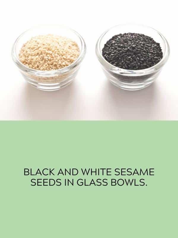 Black and white sesame seeds in glass bowls