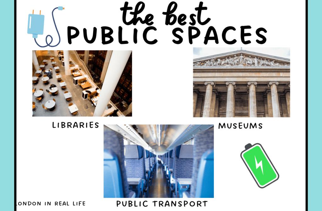 where to charge phone london: the best public spaces to charge you phone for free. Images of museums, libraries, and public transport with text: "the best public spaces to charge your phone for free in London"