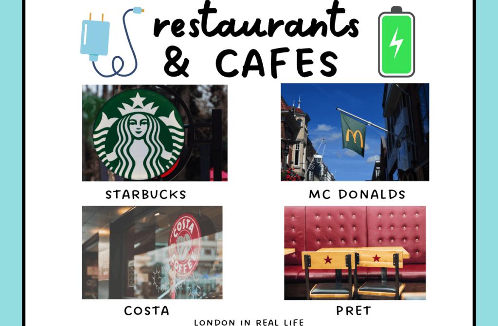 where to charge your phone london: the best restaurants and cafes to charge you phone for free. Images of Starbucks, McDonald