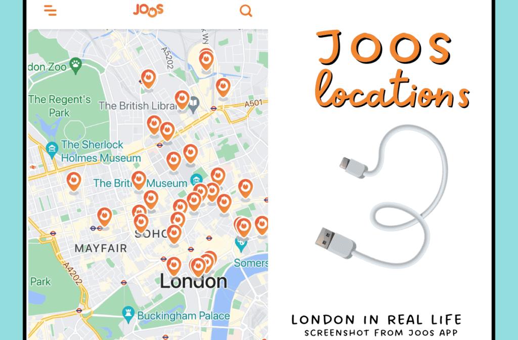 where can i charge my phone in london? Joos charging point map of central london with text: "Joos charging point locations"