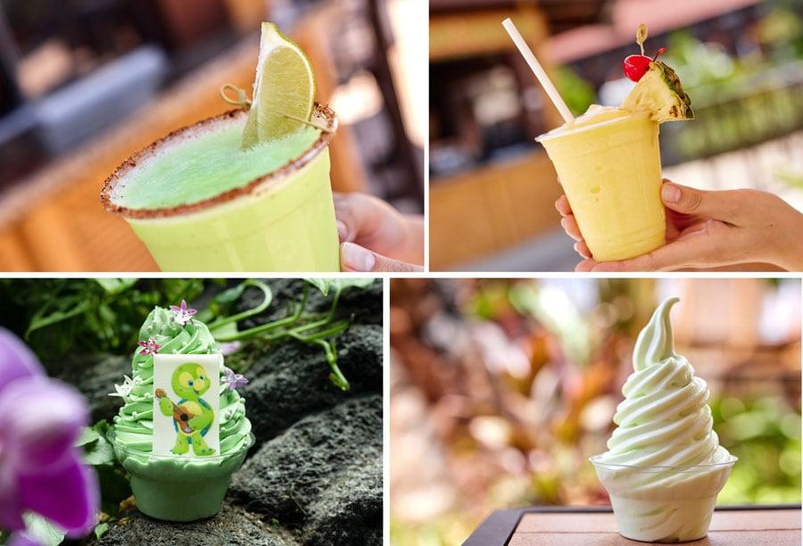 Collage of Frozen Margarita with DOLE Whip Lime made of Corazón Blanco Tequila blended with DOLE Whip lime and chili-lime seasoning; Frosty Pineapple made of DOLE Whip with Captain Morgan Private Stock Rum; DOLE Whip lime topped with crisp pearls, edible flowers, glitter, and white chocolate
