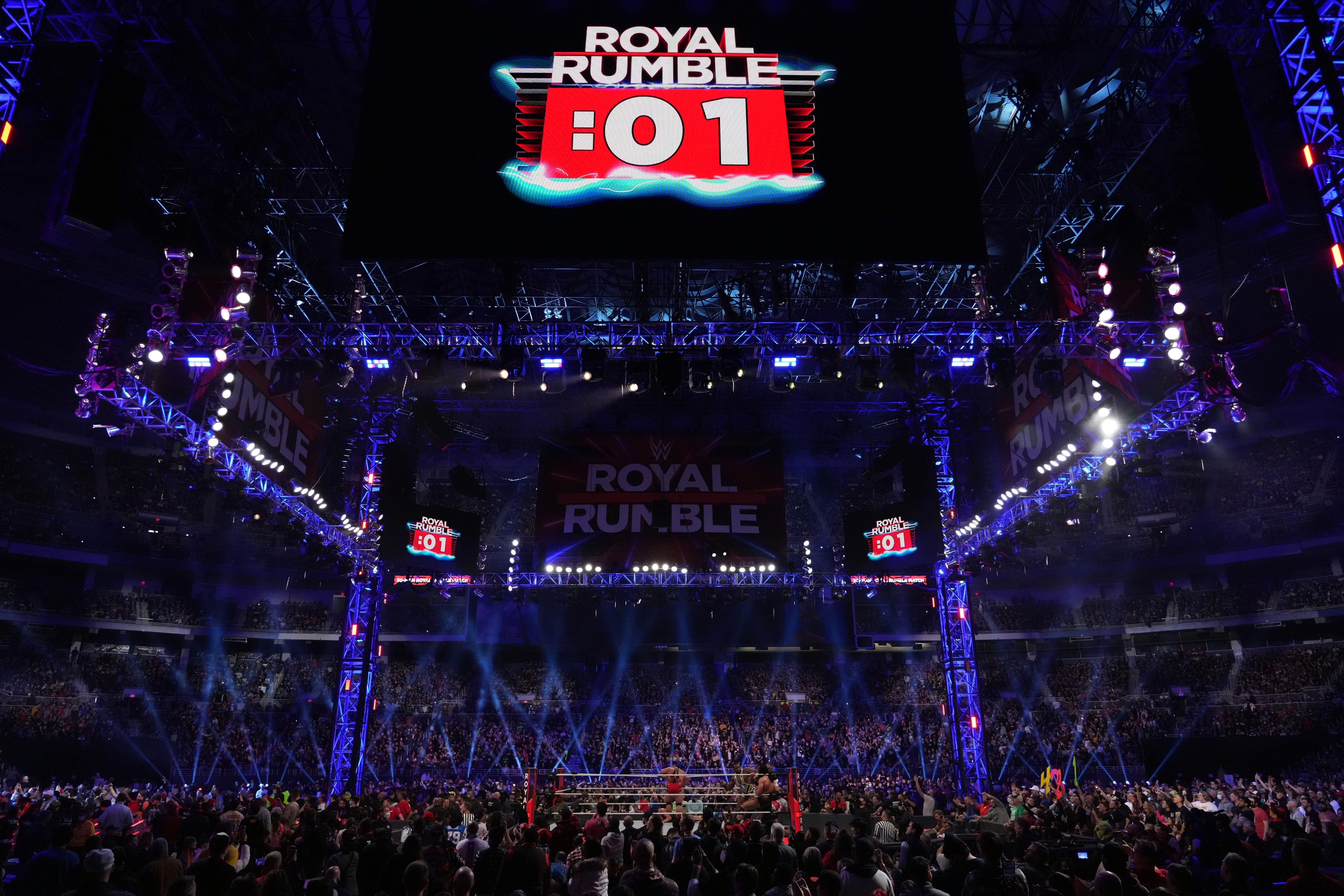 Wrestlers battle during the Royal Rumble match during the 2022 Royal Rumble at The Dome at America