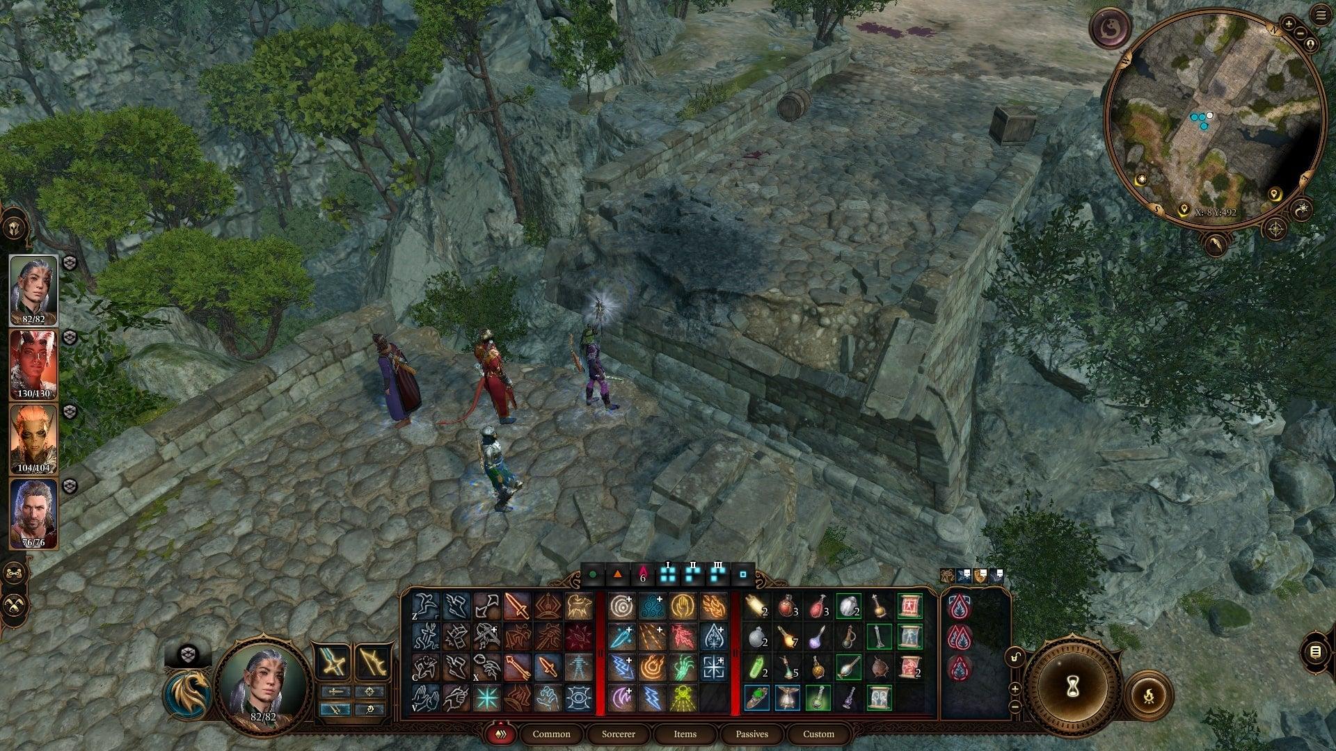 The player party stands on a broken bridge in the forest near Blighted Village in Baldur