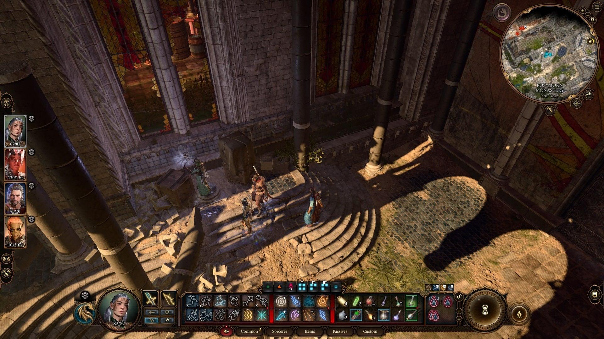 The player party stands by a broken window at the entrance of the Rosymorn Monastery in Baldur