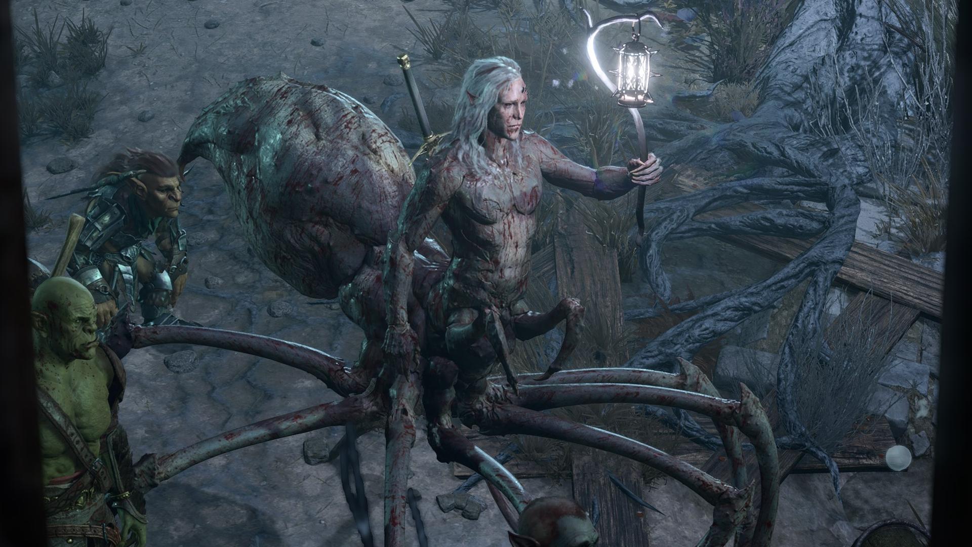 Kar’niss, a drider (half human half spider), walking down a path with a moonlantern in Baldur’s Gate 3.