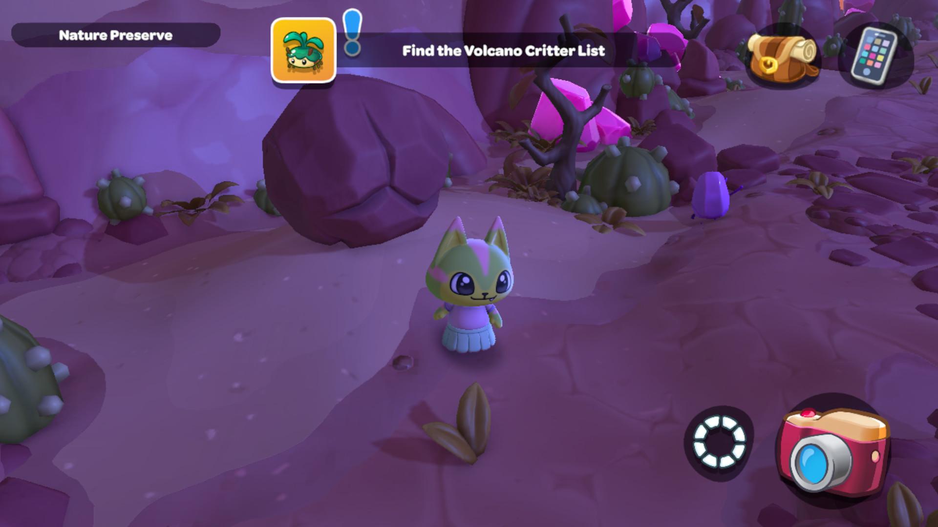 Hello Kitty Island Adventure critter list: A screenshot from HKIA showing a green and pink cat character at night in front of a large, cracked boulder. Text on the screen reads