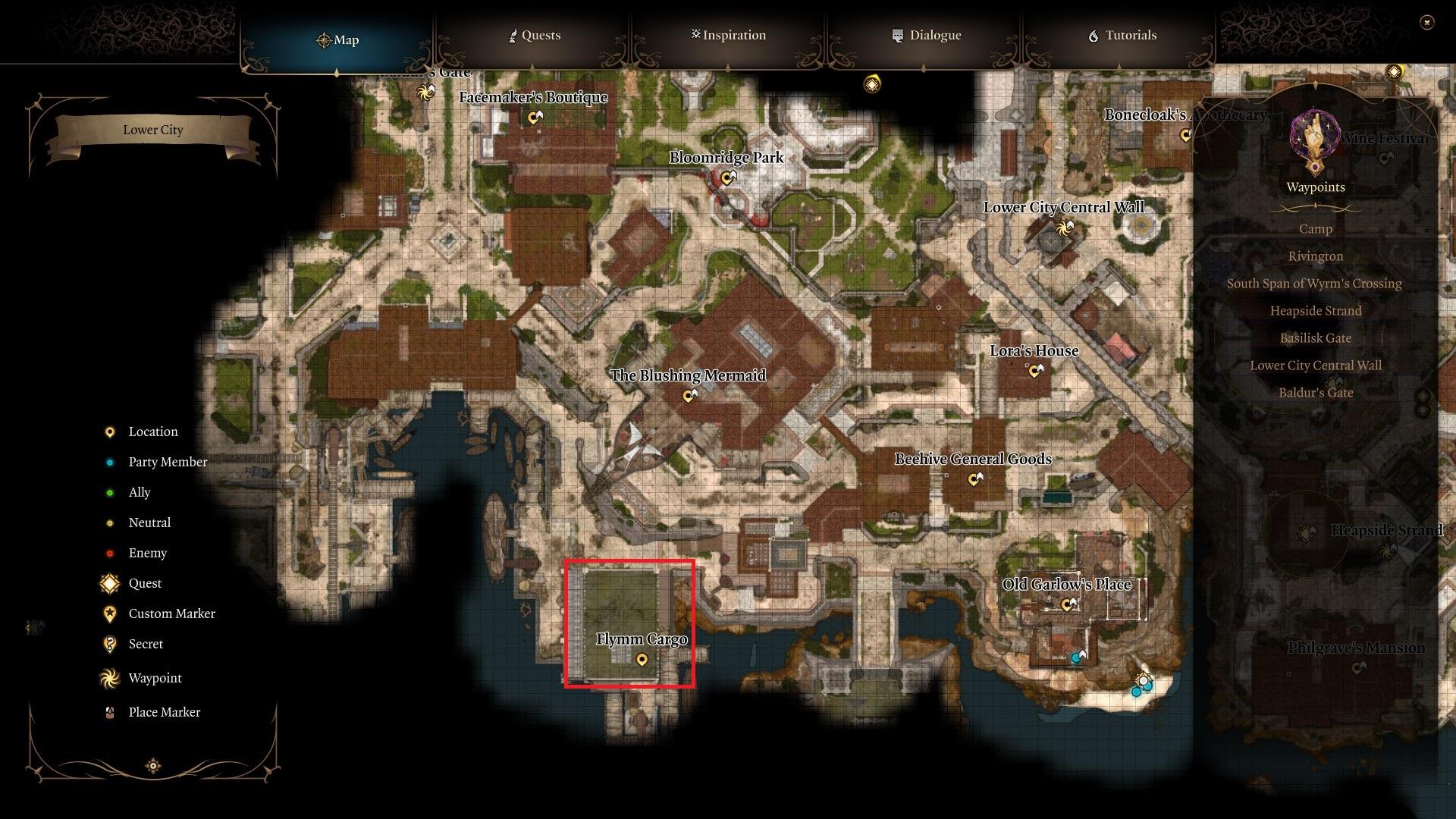 bg3 lower city map with a red square around flymm