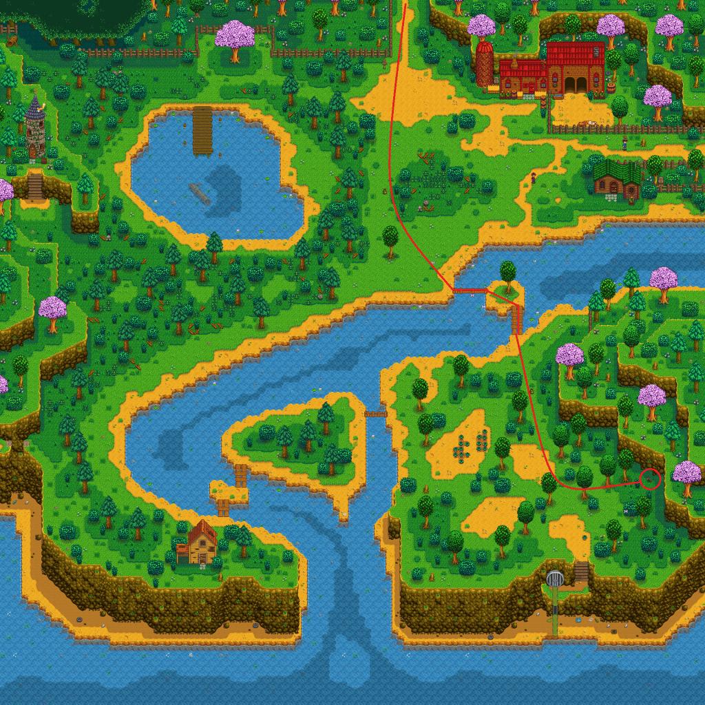 A map of Cindersnap forest showing a red line leading from the south entrance of the player