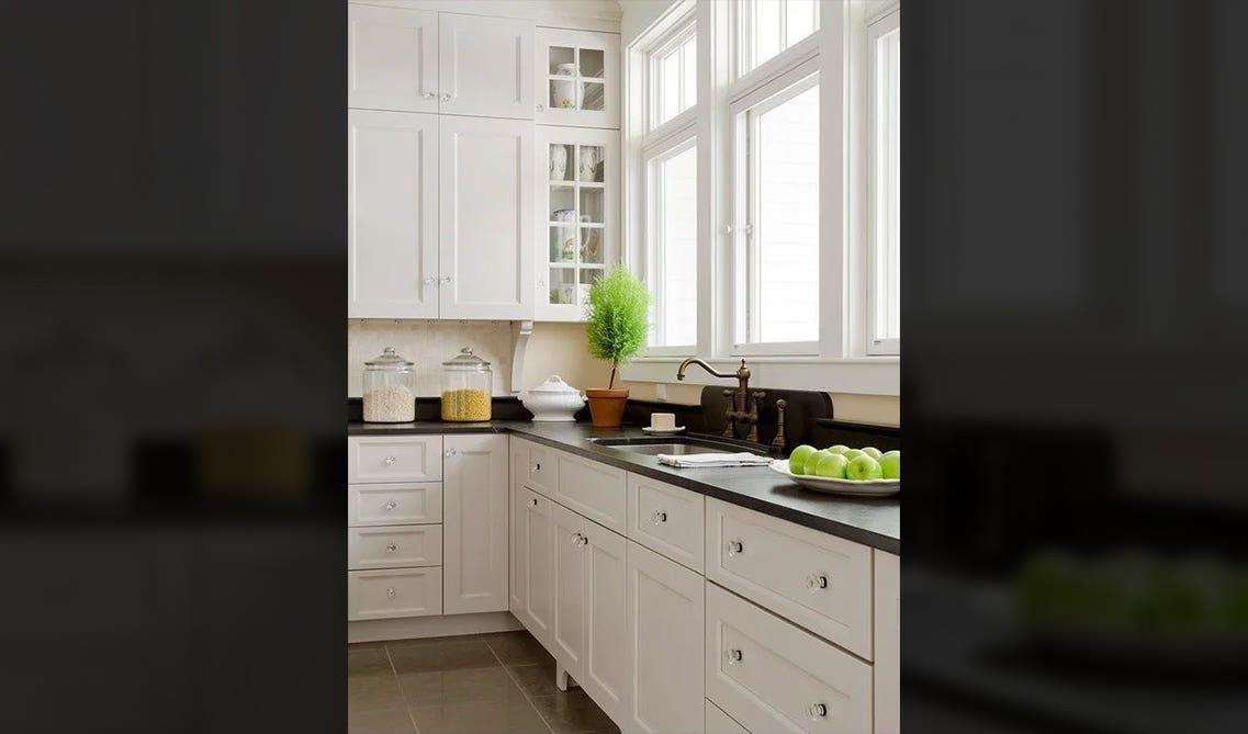 Glass Knobs on shaker-style white cabinets