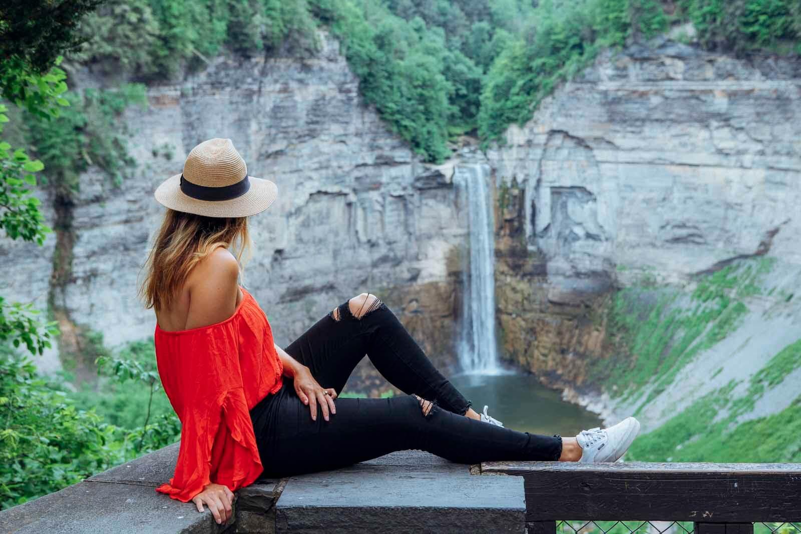 Megan looking at waterfall at Taughannock Falls
