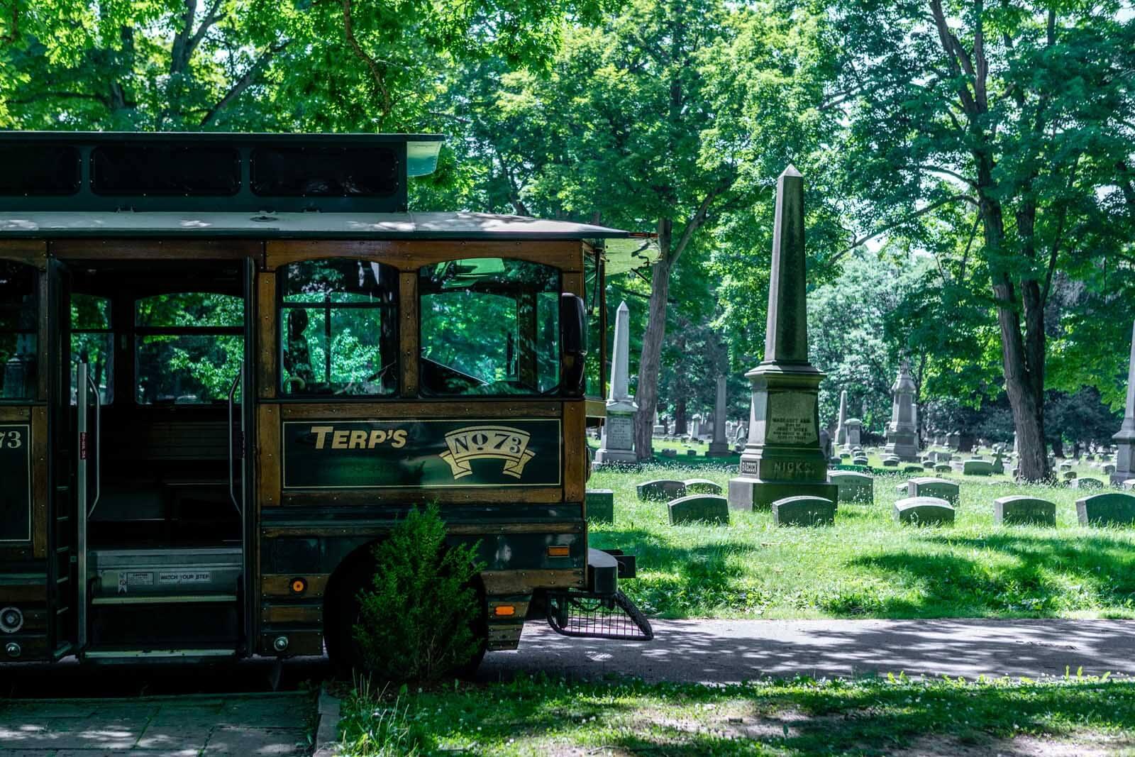The Mark Twain Trolley in Woodlawn Cemetery in Elmira New York