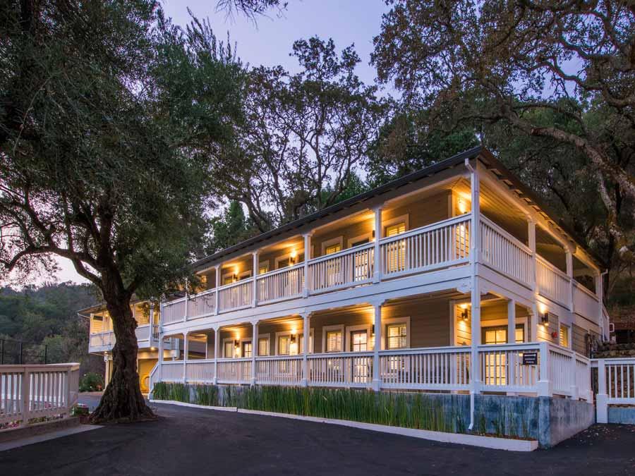 The exterior of the Olea Hotel at dusk in Glen Ellen, Sonoma County