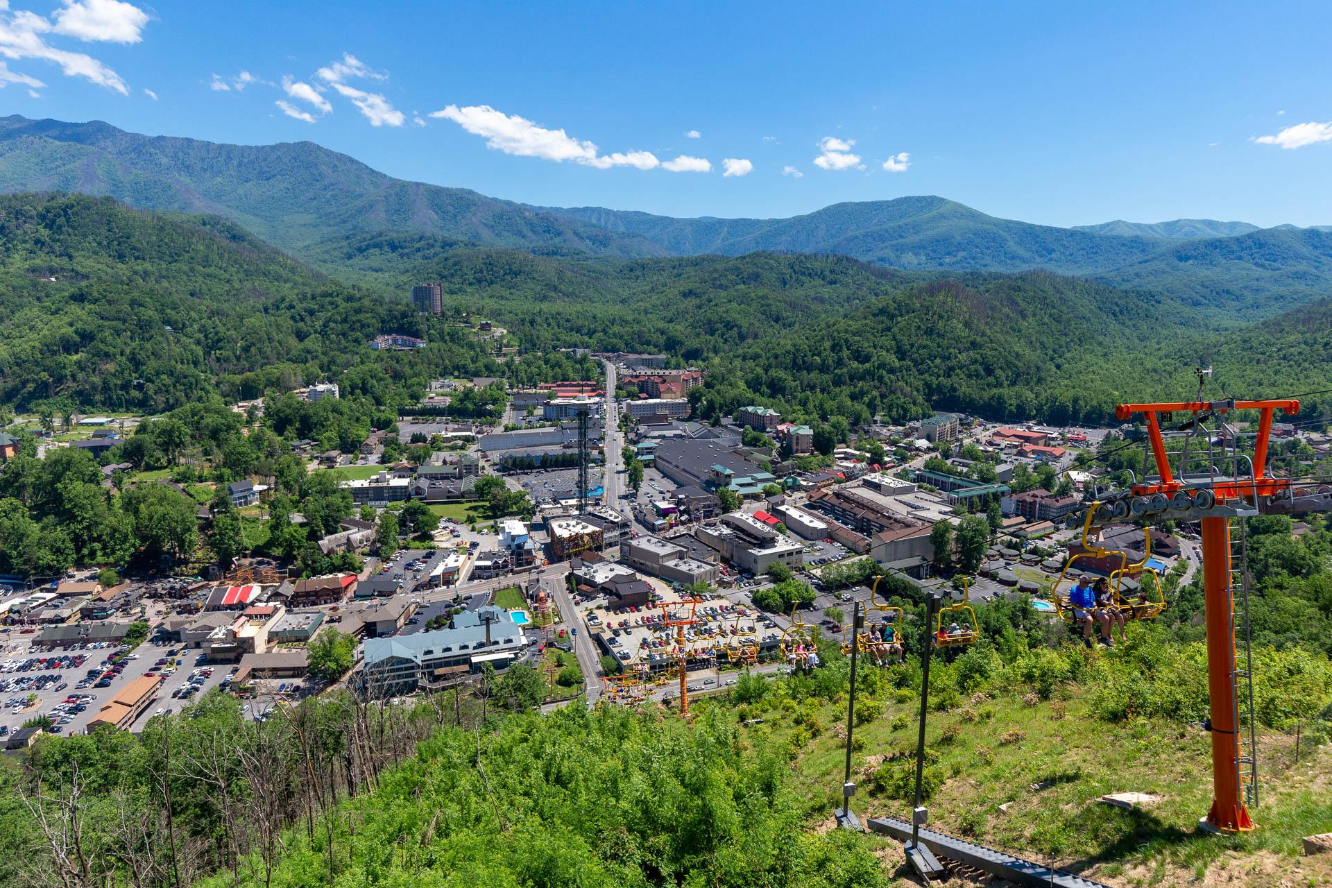 aerial view of gatlinburg with blue skies