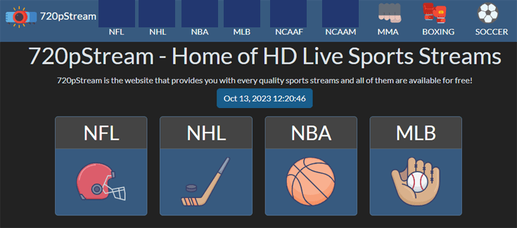 Homepage of the 720pStream sports streaming website