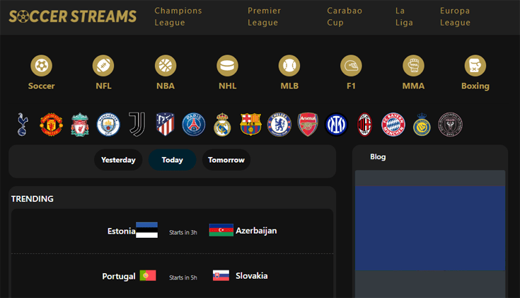 Screenshot of Soccer Streams, sport streaming website homepage