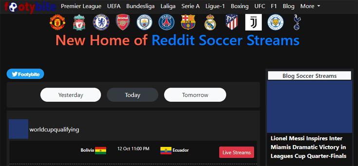 Homepage of the sports streaming website FootyBite