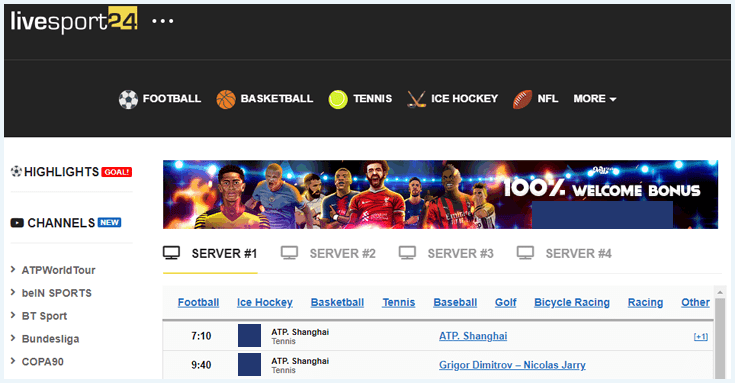 Homepage of the sports streaming website LiveSport24