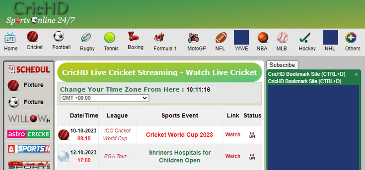 Homepage of the sports streaming website CricHD