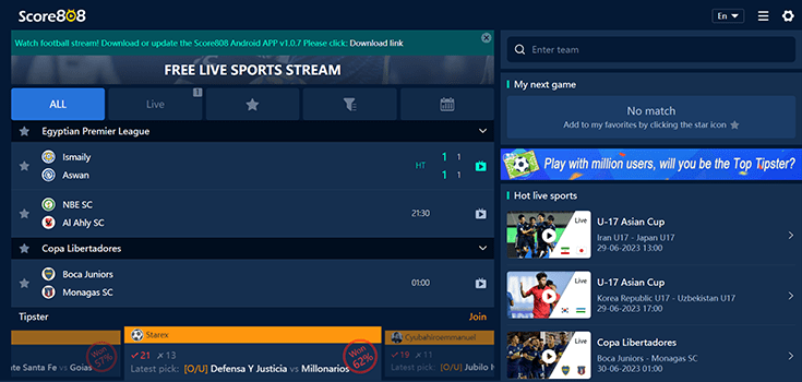 Screenshot of Score808, sport streaming website homepage