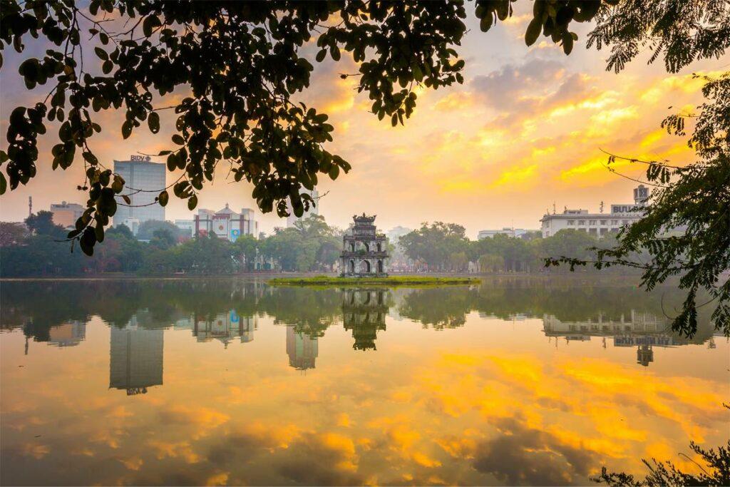 sunset at Long Bien Bridge in Hanoi