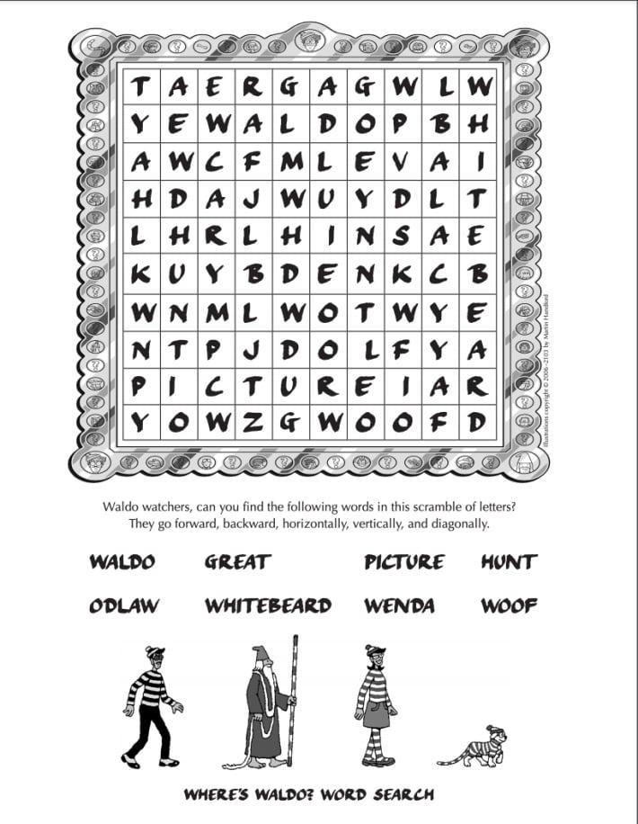 Wheres Waldo online free coloring page for kids from Candlewick - Kids Activities Blog - pdf shown of free wheres waldo coloring page with waldo walking with cane