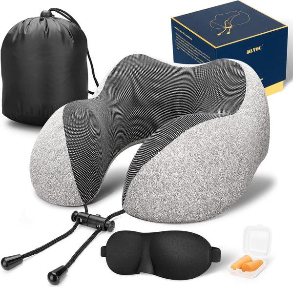 MLVOC Travel Pillow 100% Pure Memory Foam Neck Pillow, Comfortable & Breathable Cover - Machine Washable, Airplane Travel Kit with 3D Sleep Mask, Earplugs, and Luxury Bag, Grey