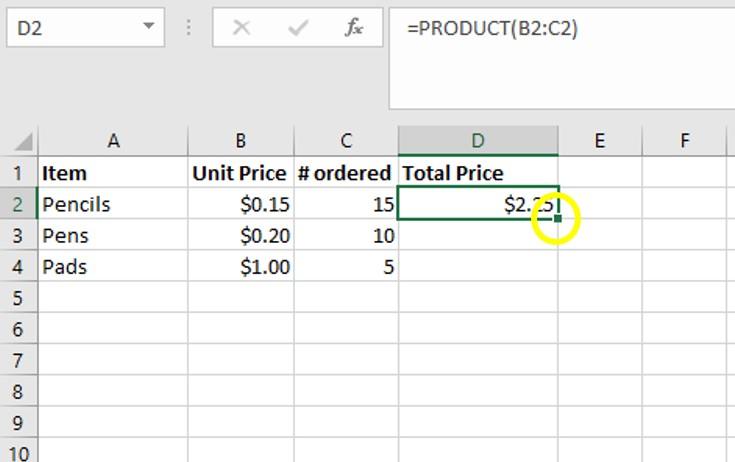 Image of Excel cell with bottom right corner highlighted