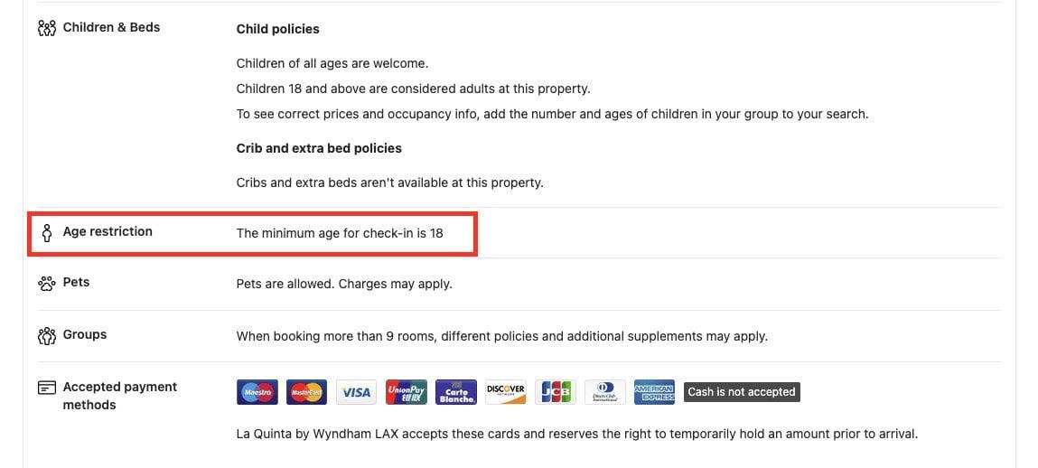 Hotel policies with an age restriction of 18