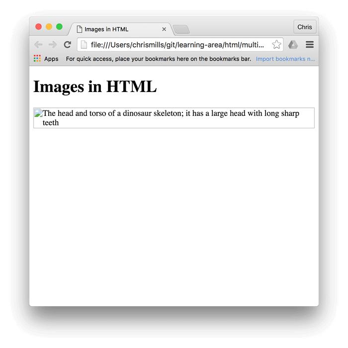 The Images in HTML title, but this time the dinosaur image is not displayed, and alt text is in its place.