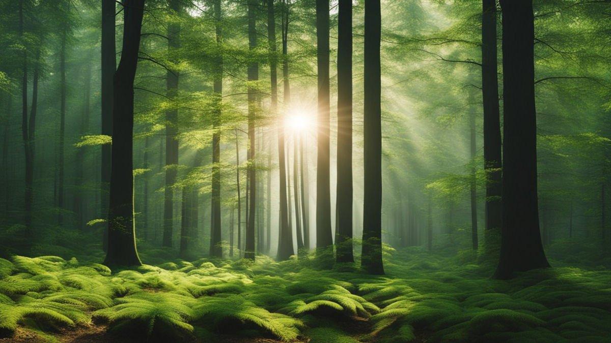 A forest with sunlight through the trees