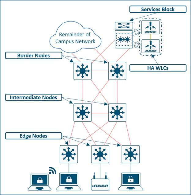 Simplified WLC, Services Block, and Border Node Topology