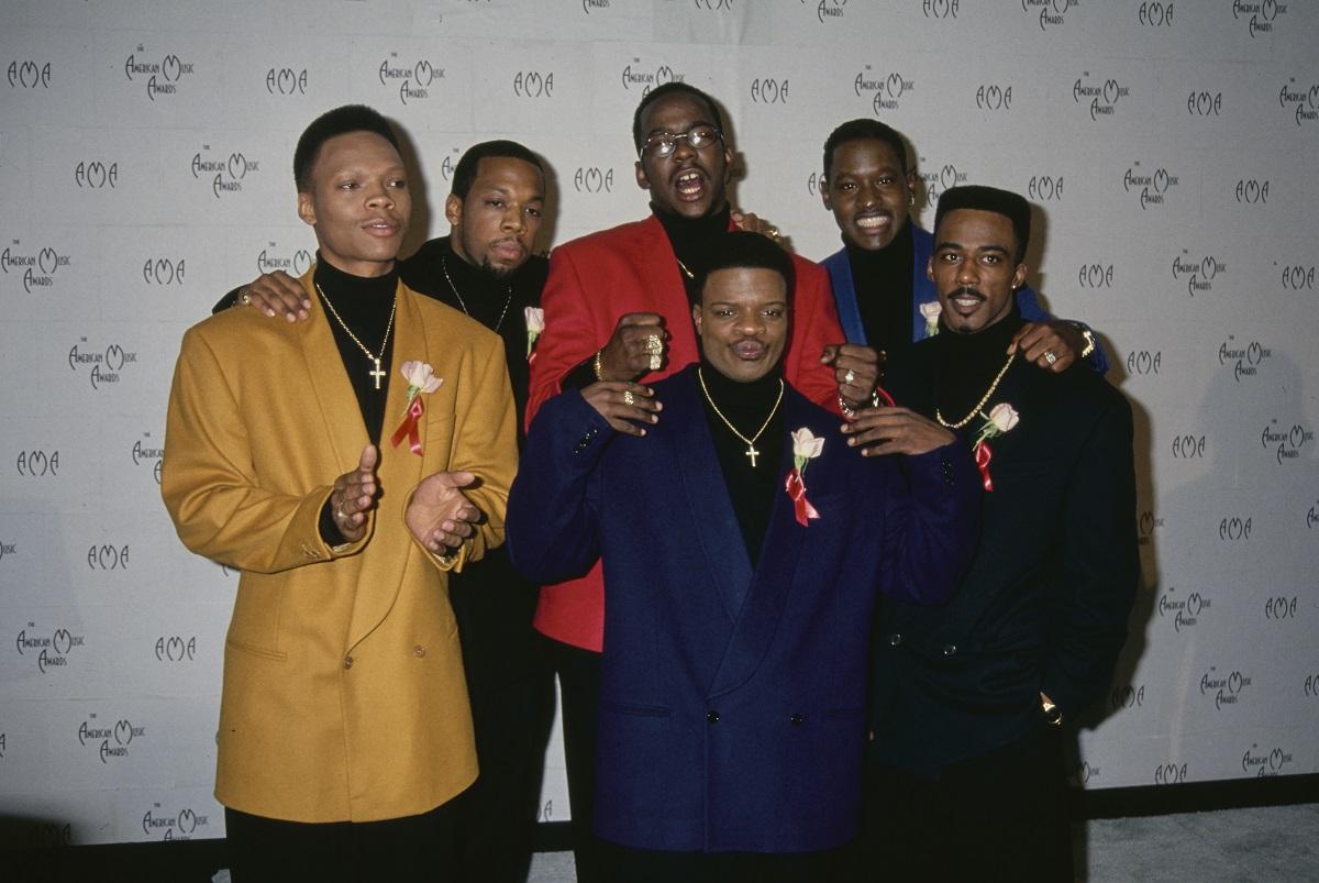 New Edition band members (l-r) Ronnie DeVoe, Michael Bivins, Ricky Bell, Bobby Brown, Johnny Gill and Ralph Tresvant attend the American Music Awards in1994