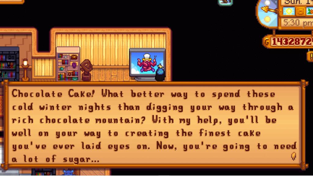 A monologue from the Queen of Sauce chocolate cake recipe in Stardew Valley.