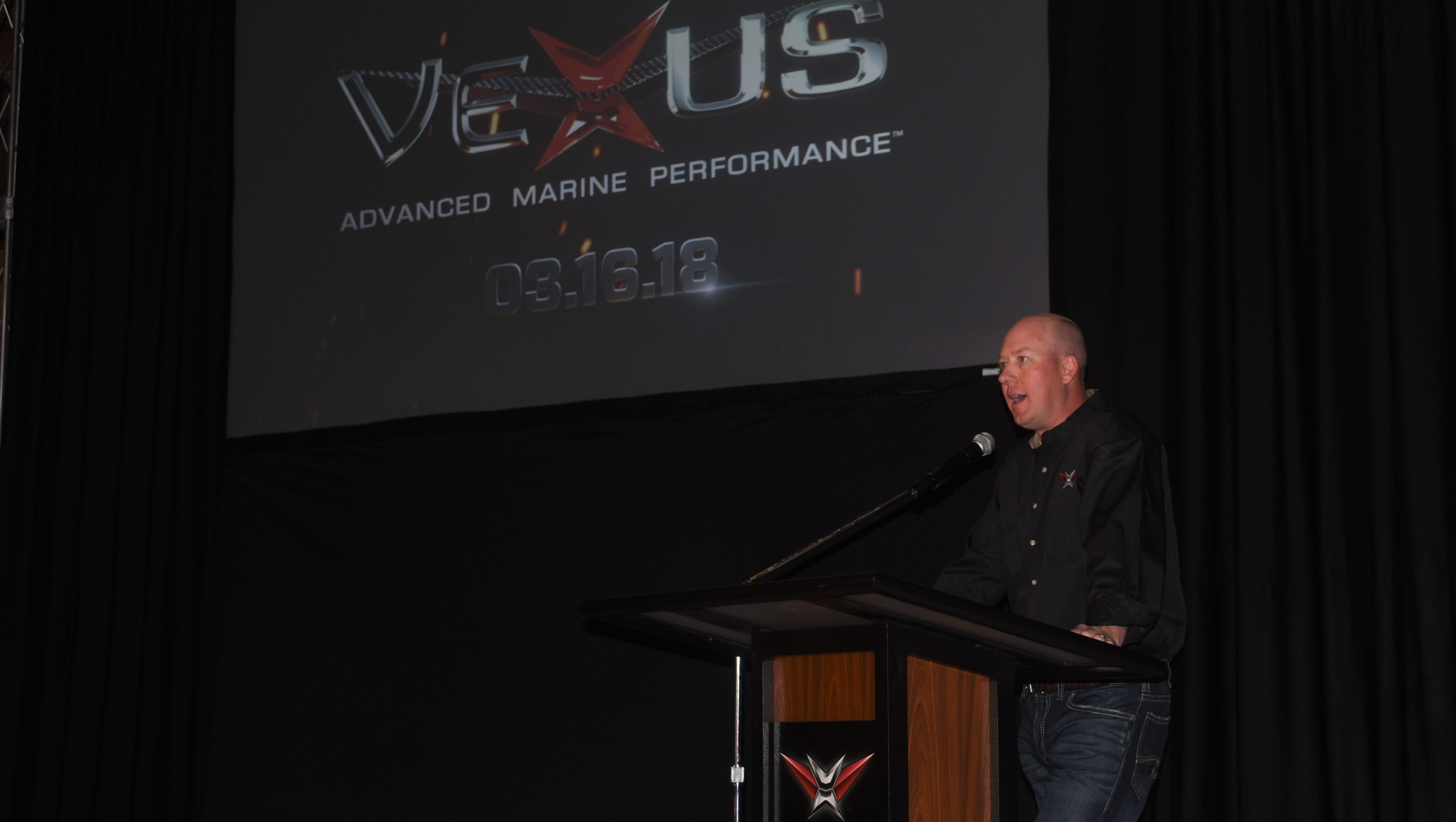 Keith Daffron, president of Vexus Boats, announces the company