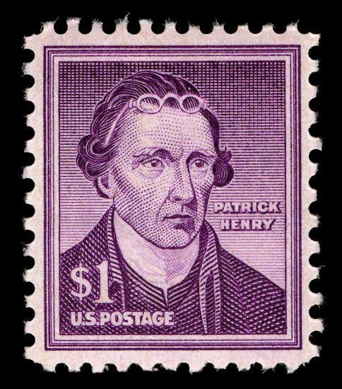 Violet postage stamp featuring portrait of Patrick Henry