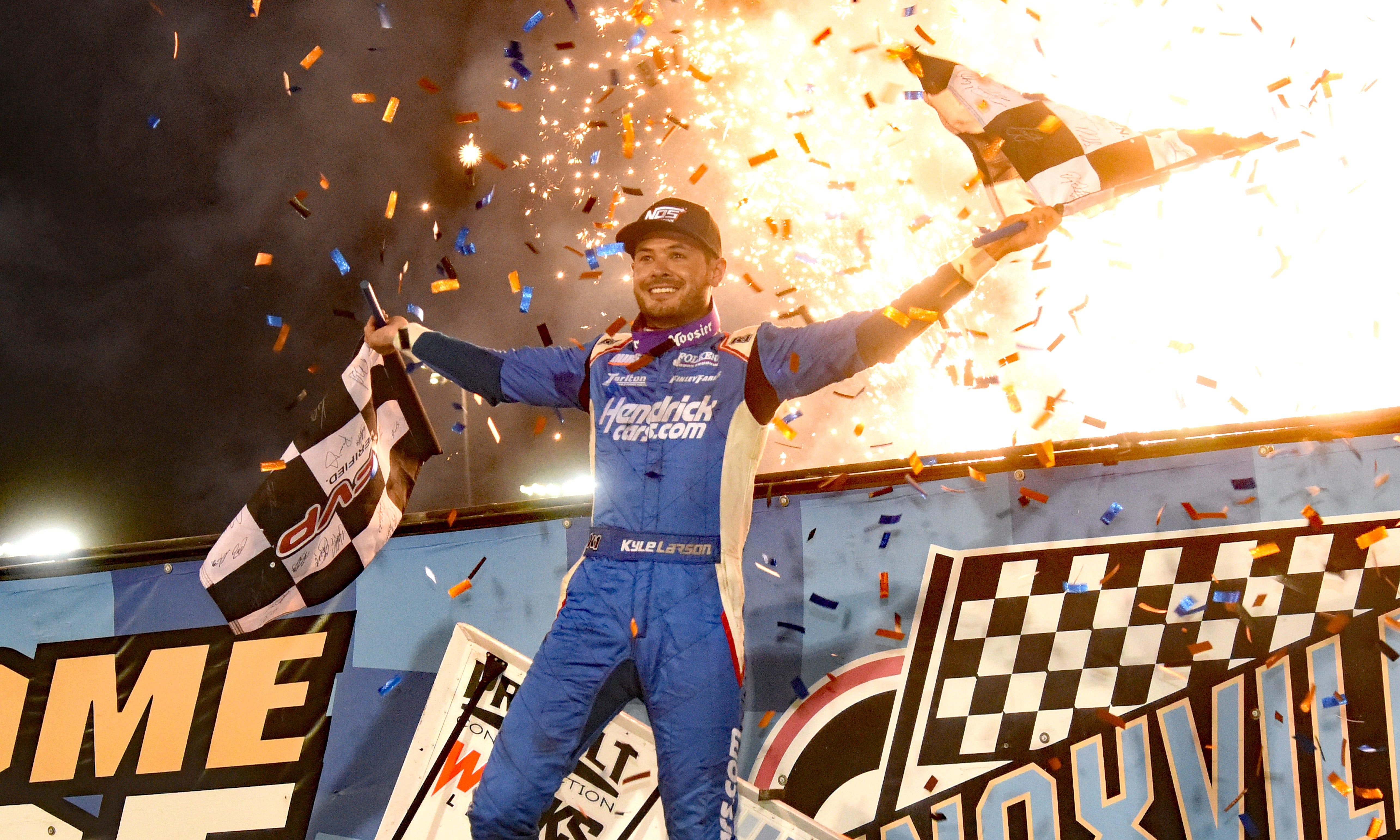 Kyle Larson celebrates after winning the 60th annual Knoxville Nationals Saturday at Knoxville Raceway.