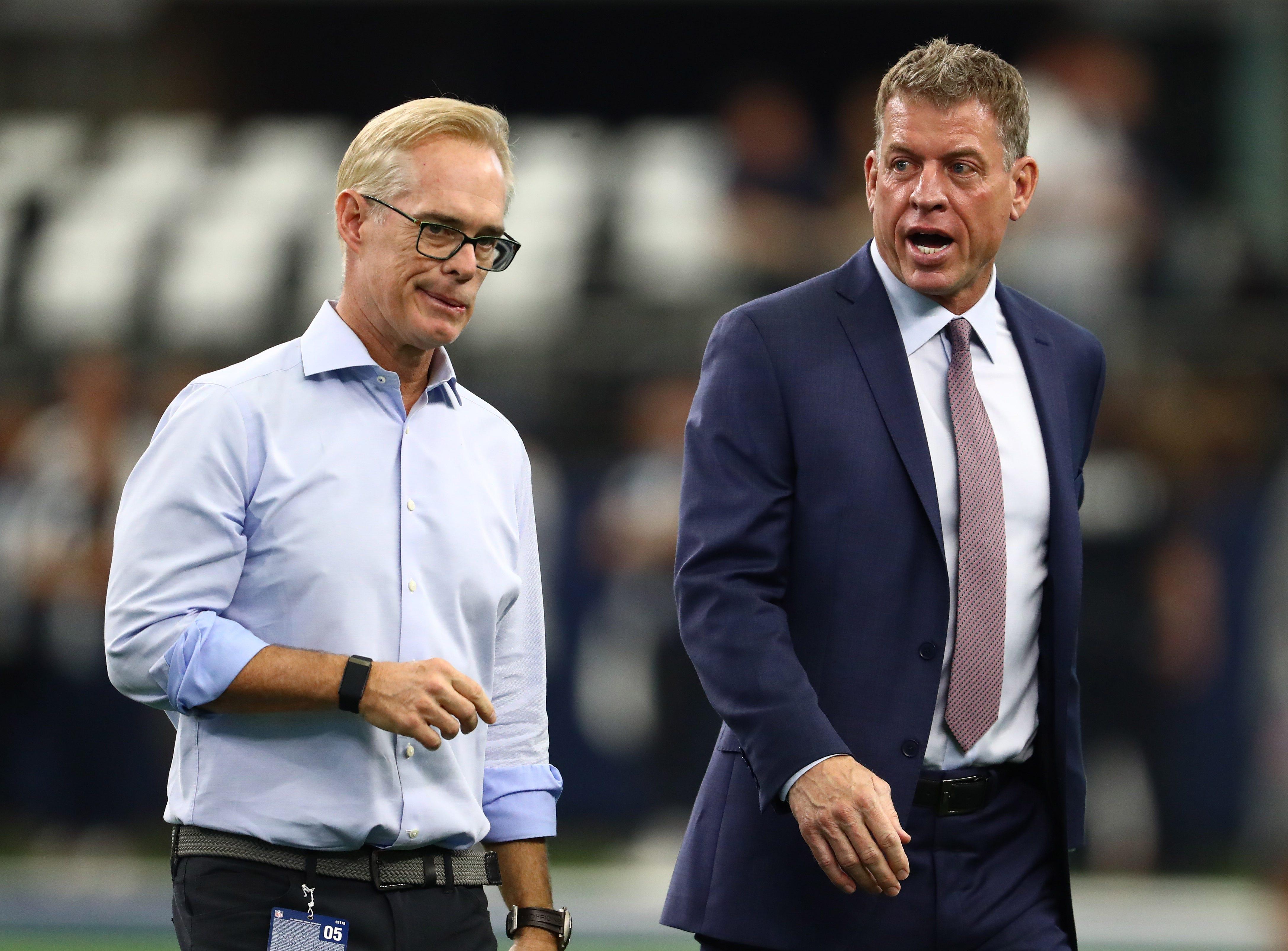 Announcers Joe Buck and Troy Aikman on the field prior to the game with the Dallas Cowboys playing against the Green Bay Packers at AT&T Stadium.