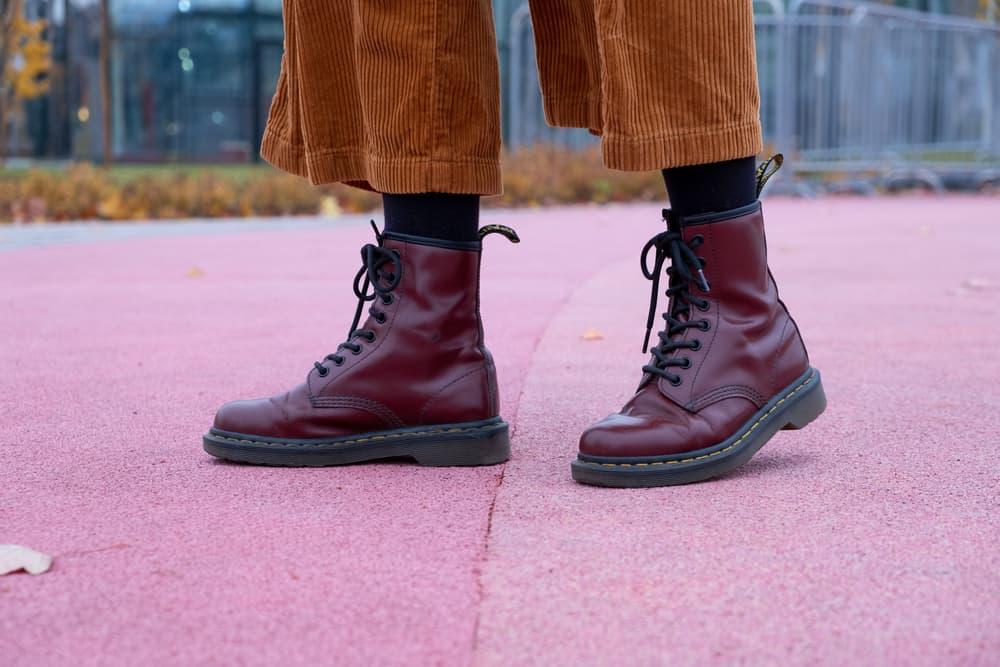 Red classic dr martens boots automn shooting
