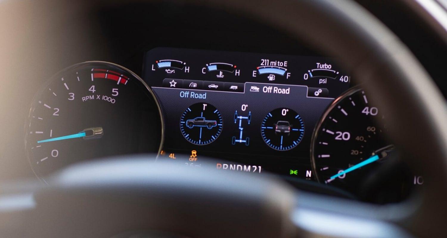 Interior LCD display behind the steering wheel of a used Ford Super Duty