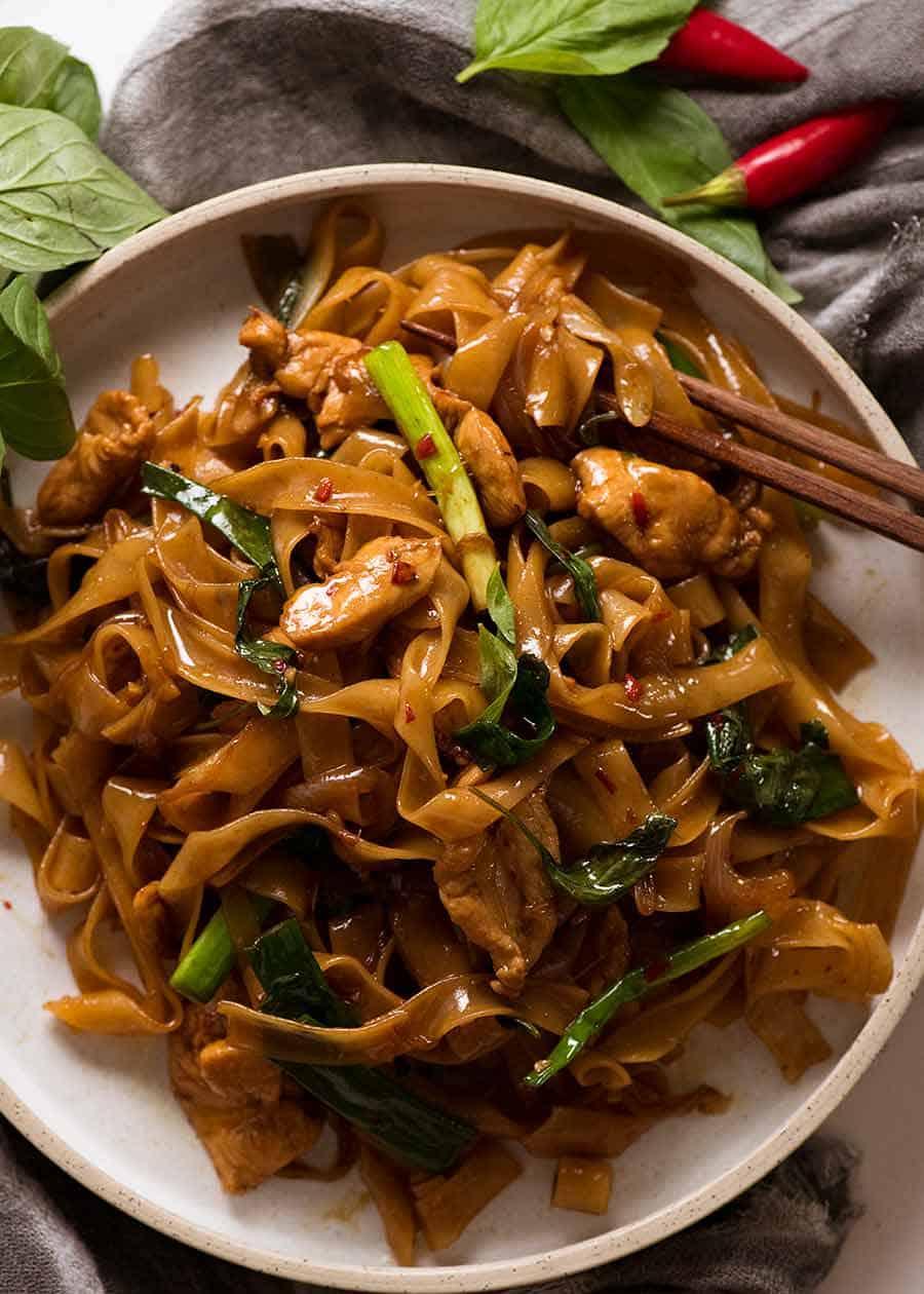 Thai Drunken Noodles in a wok, fresh off the stove