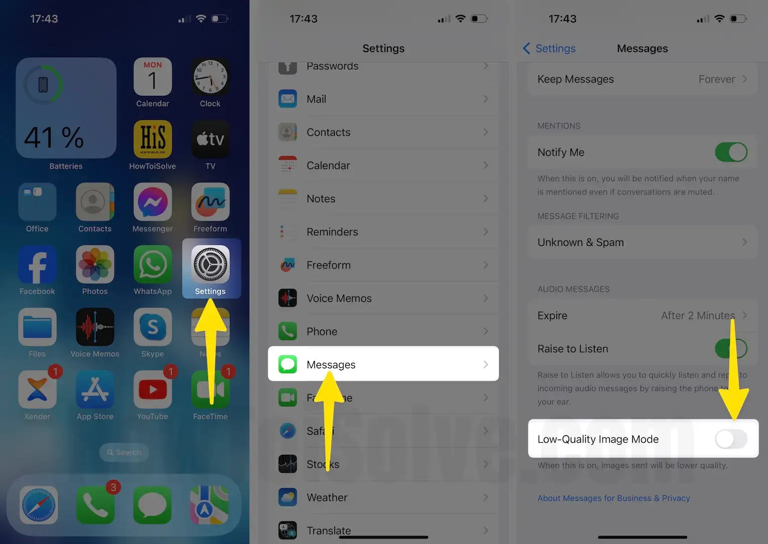 Launch the settings app tap on messages turn off low-quality image mode on iPhone