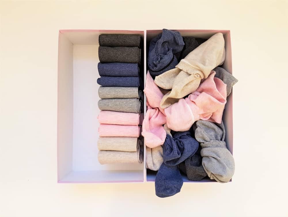 Neatly organized and not so organized socks