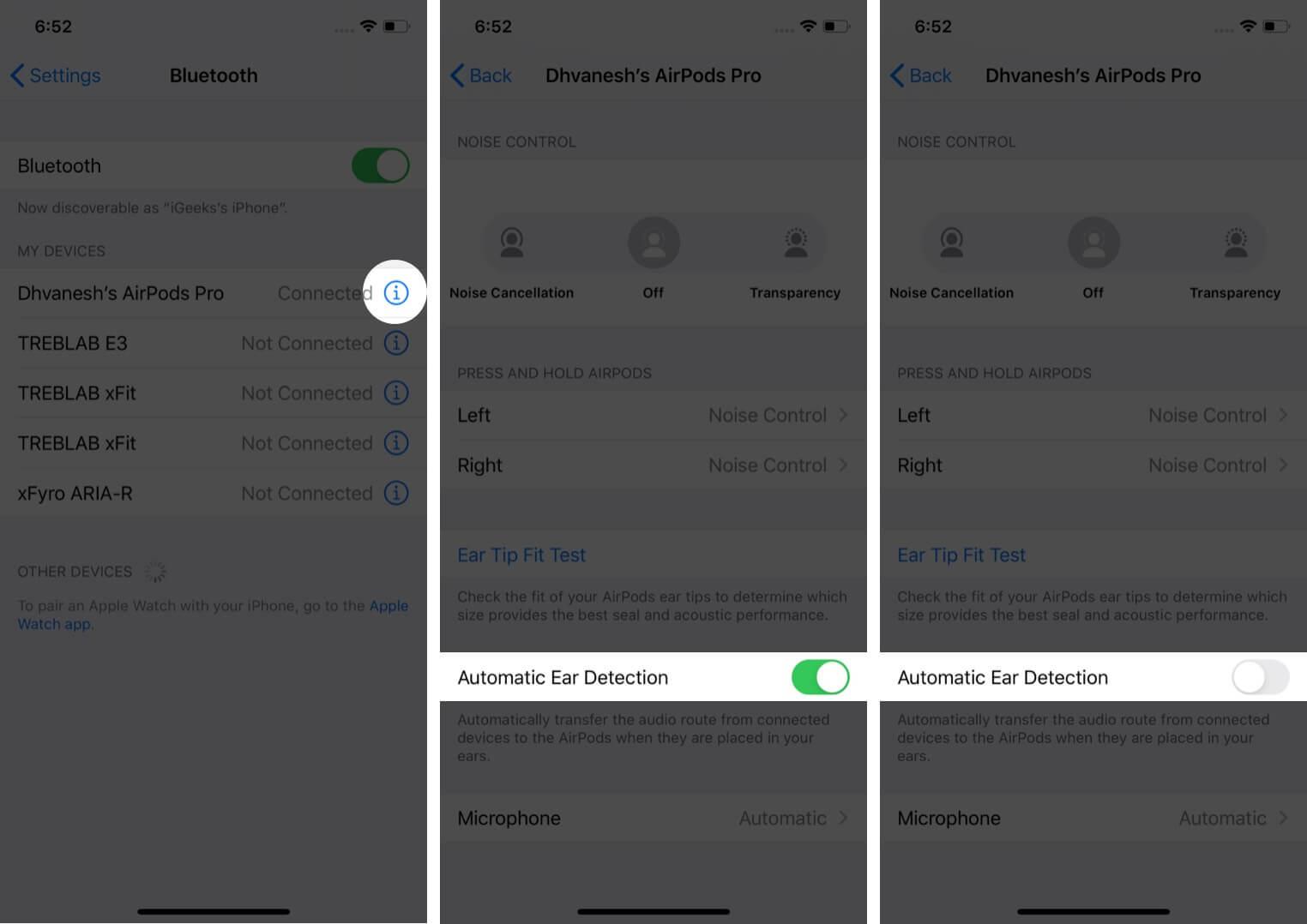 Tap on i icon to Turn Off Automatic Ear Detection on iPhone