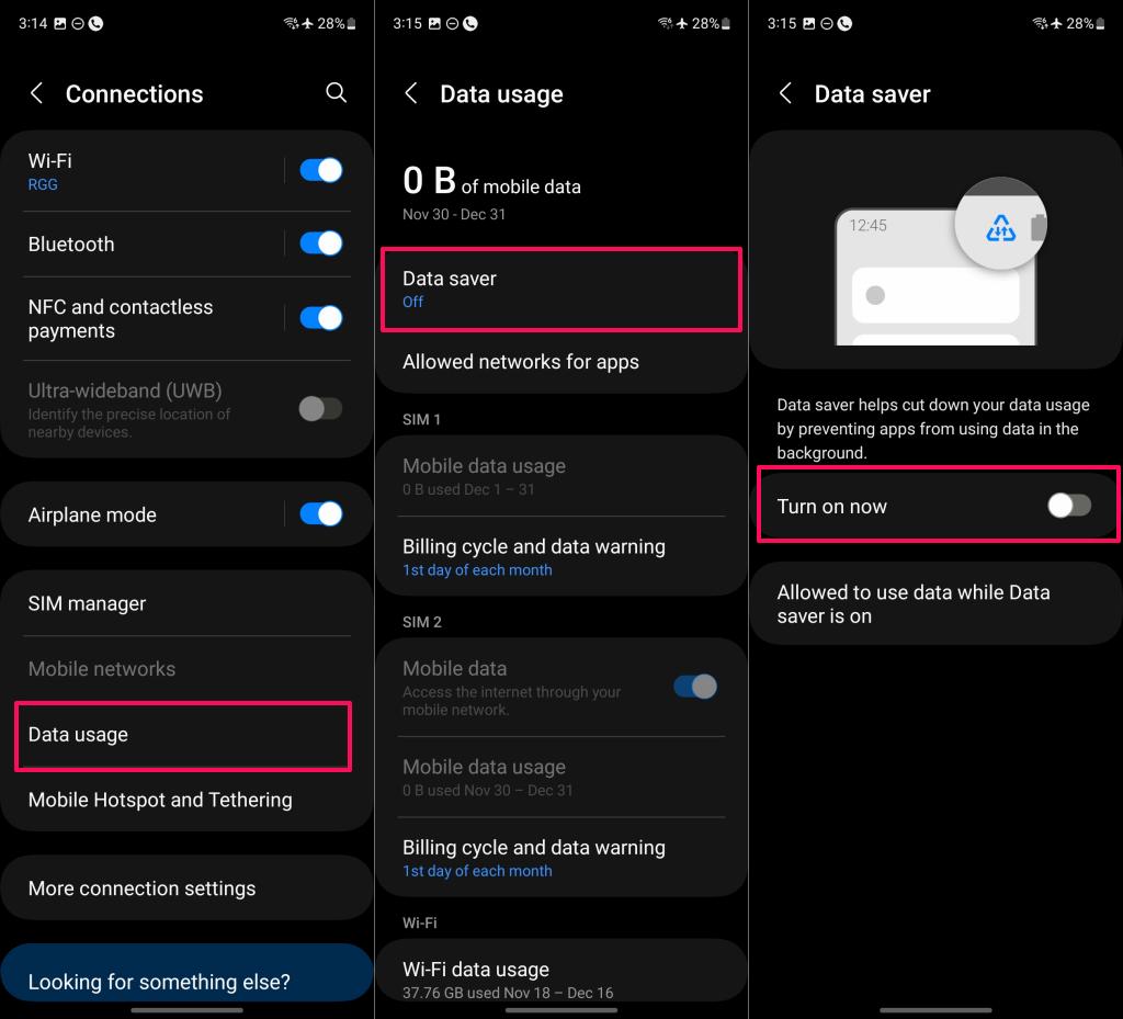 Turn off data saver on Samsung (Android)