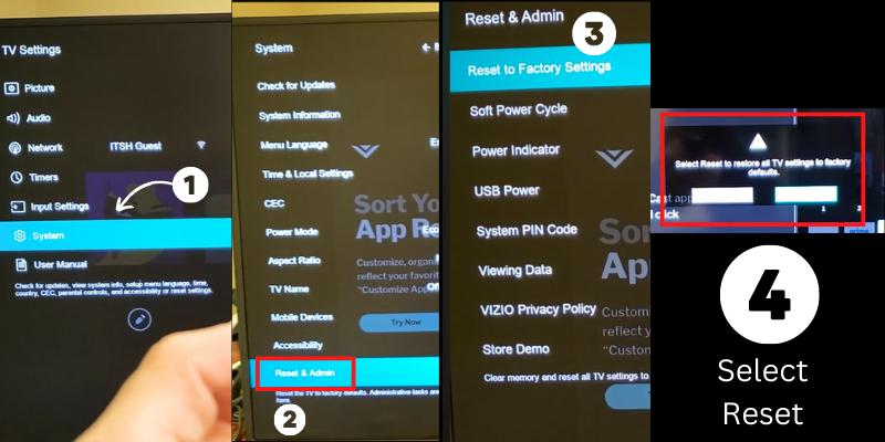 Reset your Vizio TV to factory settings.