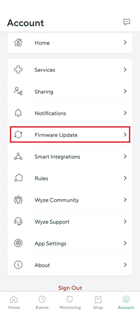 Wyze Firmware update tab