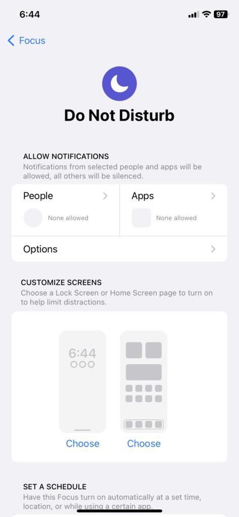 Screenshot of the Do Not Disturb settings on an iPhone
