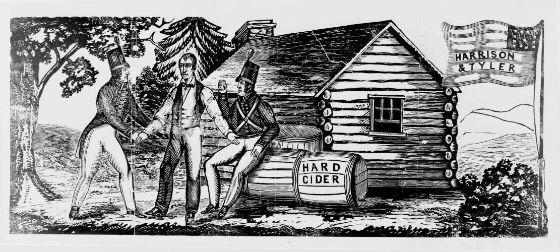 Illustration for the presidential campaign of William Henry Harrison in 1840. Log cabins and hard cider were symbols of Harrison’s “frontier virtues.”