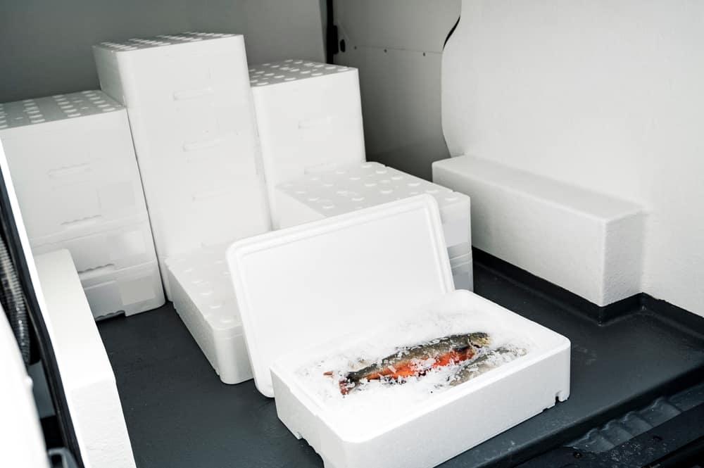 White boxes with ice and fish loaded in van for transportation